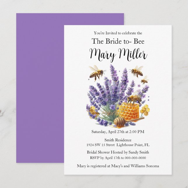 Invitation Fête de mariage au miel de lavande pour la future  (Devant / Derrière)