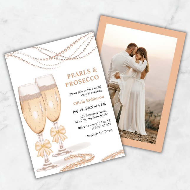 Invitation Fête de Mariage au Prosecco et Perles d'Or (Photo Elegant Gold Bow Pearls and Prosecco Bridal Shower Invitation )
