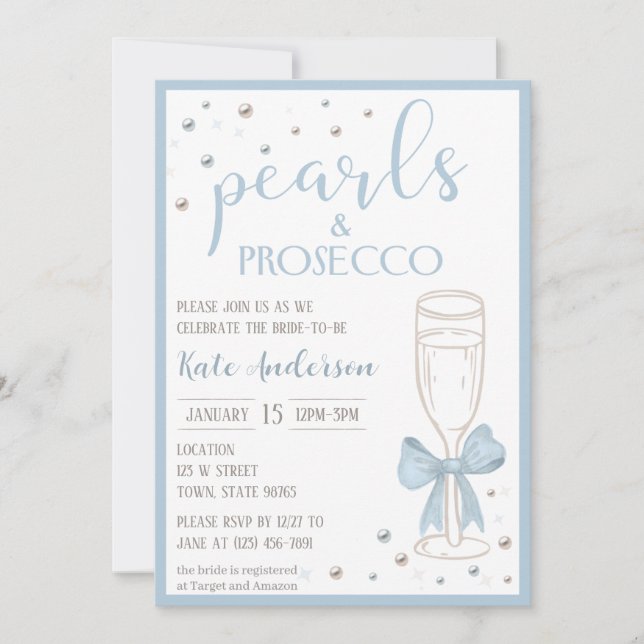 Invitation Fête de mariage au ruban bleu Perles et Prosecco (Devant)