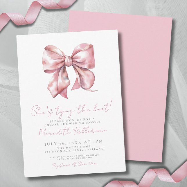 Invitation Fête de Mariage au Ruban Rose Élégant (Watercolor Blush Pink Bow Bridal Shower Invitation)