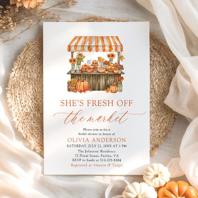 Invitation Fête de mariage automnale avec citrouille fraîche  (Orange Gingham Fall Pumpkin Fresh Off the Market Bridal Shower Invitation)