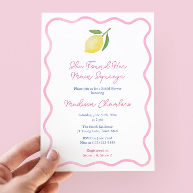 Invitation Fête de mariage aux citrons Main Squeeze avec une  (Main Squeeze Lemon Bridal Shower Invitation Design With Pink Wavy Line Border)