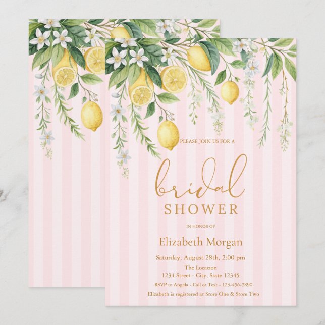 Invitation Fête de mariage aux citrons roses rayés en fleurs (Devant / Derrière)