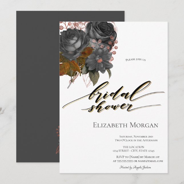 Invitation Fête de Mariage aux Élégantes Fleurs Noires (Devant / Derrière)