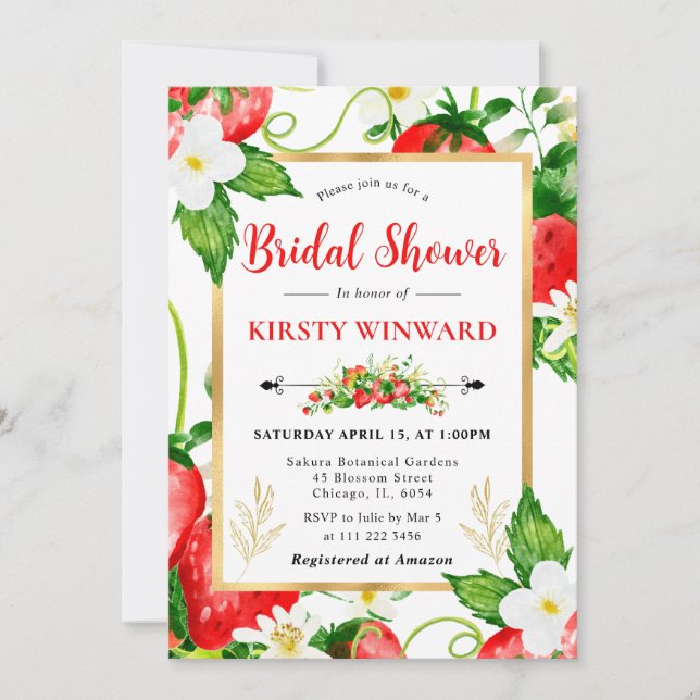 Invitation Fête de mariage aux fraises et fleurs à l'aquarell (Devant)