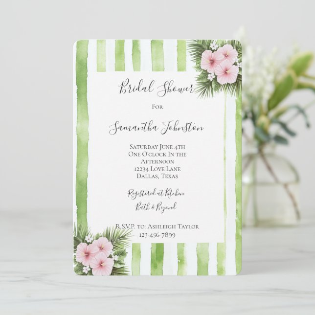 Invitation Fête de Mariage aux Hibiscus Roses avec des Rayure (Debout devant)