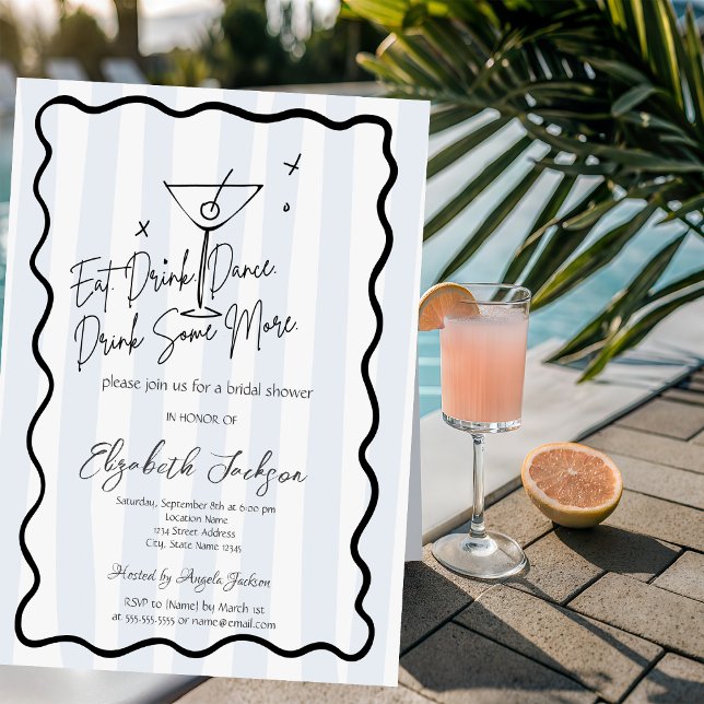 Invitation Fête de mariage aux rayures bleues et martini dess (Créateur téléchargé)
