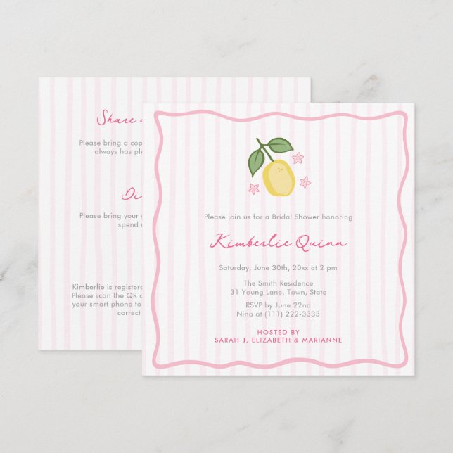 Invitation Fête de mariage aux rayures modernes avec citron d (Devant / Derrière)