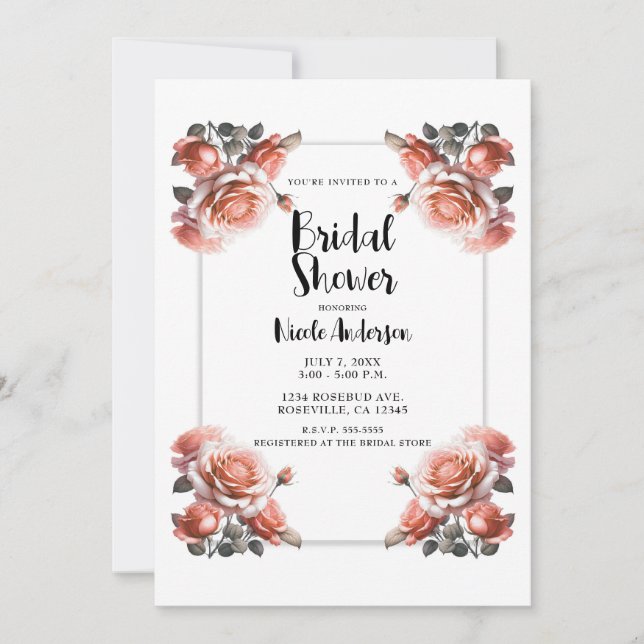 Invitation Fête de mariage aux roses pêche corail délicates (Devant)