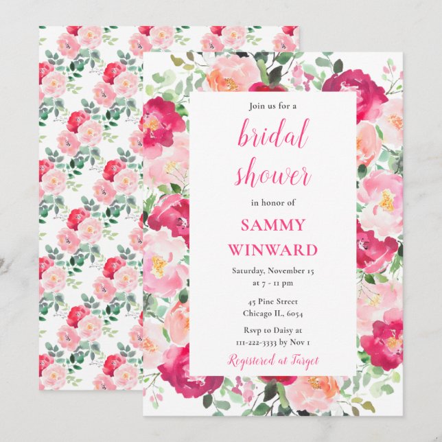 Invitation Fête de mariage aux roses roses romantiques (Devant / Derrière)