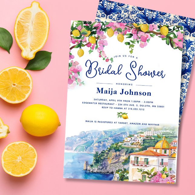 Invitation Fête de mariage avec aquarelle Côte Amalfitaine Ci (Watercolor Amalfi Coast Pink Lemons Bridal Shower Invitation)