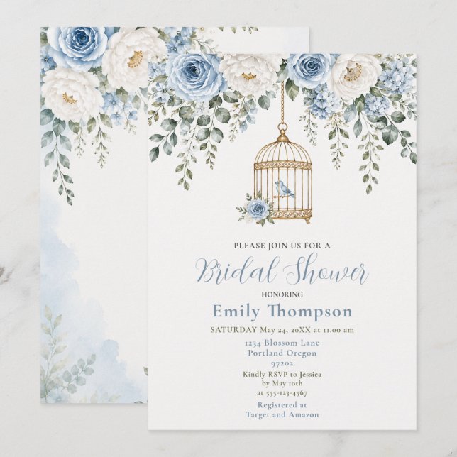 Invitation Fête de mariage avec cage à oiseaux florale bleue (Devant / Derrière)