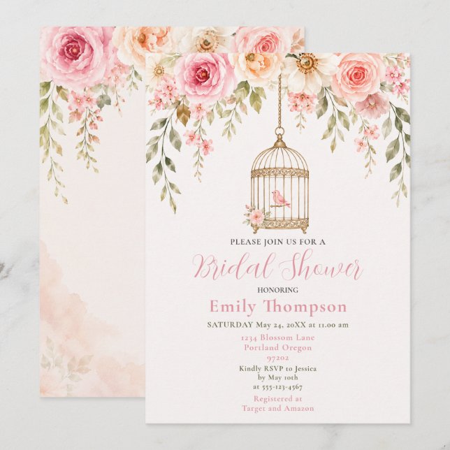 Invitation Fête de mariage avec cage à oiseaux florale rose (Devant / Derrière)