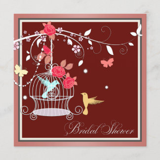 Invitation Fête de mariage avec cage à oiseaux rouge et corai