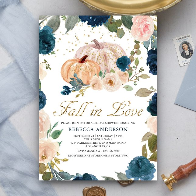 Invitation Fête de mariage avec citrouille florale bleu marin (Créateur téléchargé)