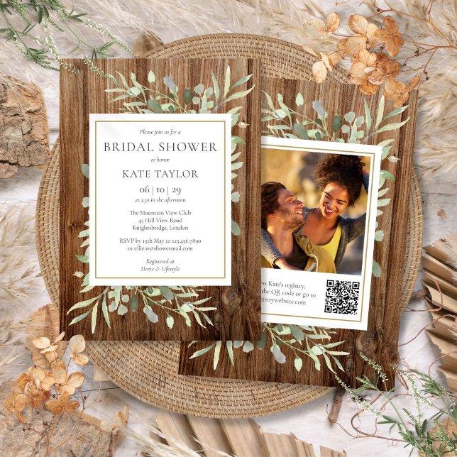 Invitation Fête de mariage avec code QR de verdure en bois ru (Rustic Wood Greenery QR Code Photo Bridal Shower Invitation)