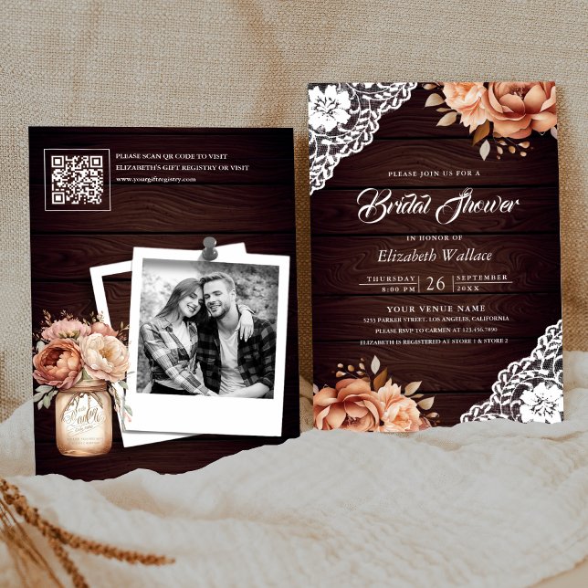 Invitation Fête de mariage avec code QR photo florale en bois (Créateur téléchargé)