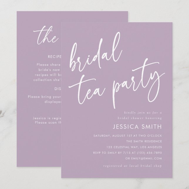 Invitation Fête de mariage avec code QR violet Tea Party (Devant / Derrière)