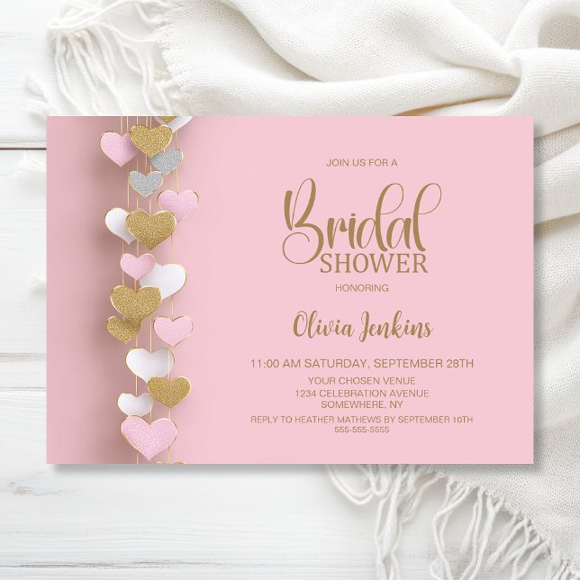 Invitation Fête de mariage avec coeurs roses et or (Créateur téléchargé)