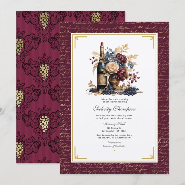 Invitation Fête de mariage avec dégustation de vin en or, mar (Devant / Derrière)