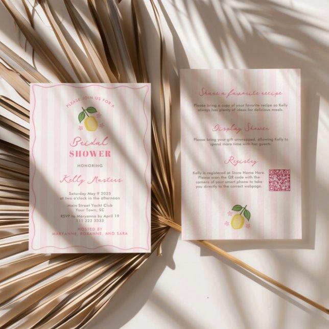 Invitation Fête de mariage avec des citrons roses jolis dessi (Hand-drawn lemons with modern pink accents double-sided wedding shower invitation with QR code)
