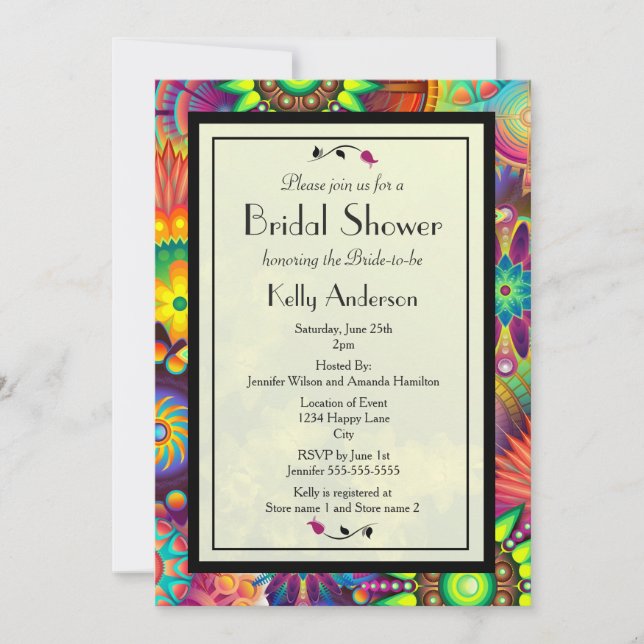 Invitation Fête de mariage avec des fleurs Art Déco multicolo (Devant)
