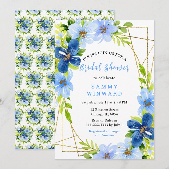 Invitation Fête de mariage avec des fleurs bleues et marine e (Devant / Derrière)