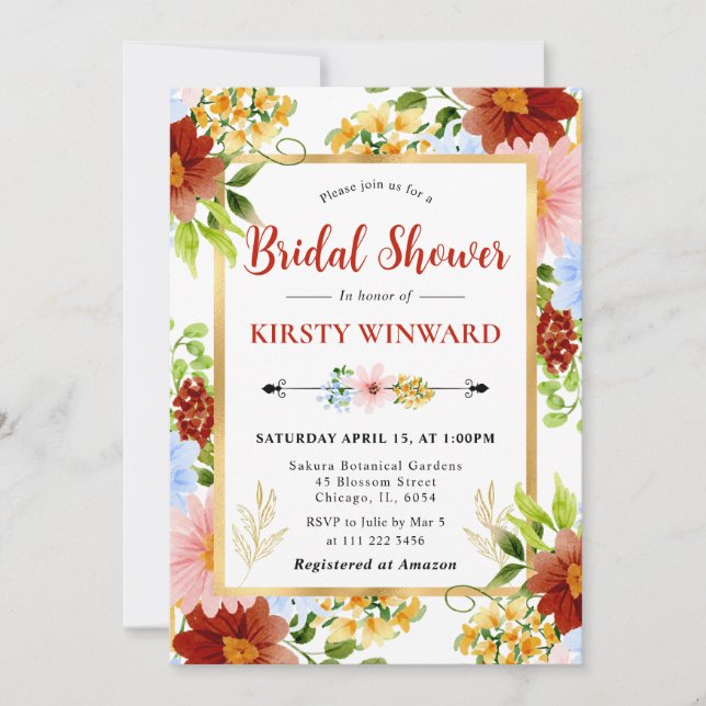 Invitation Fête de mariage avec des fleurs rouges, bleues et  (Devant)