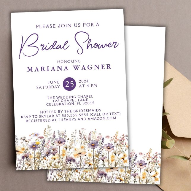 Invitation Fête de mariage avec des fleurs sauvages violettes (Créateur téléchargé)