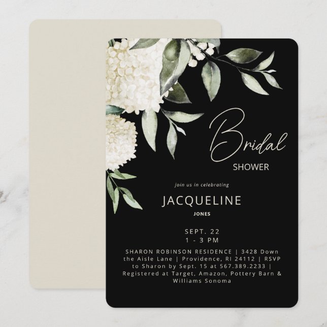 Invitation Fête de mariage avec des Hydrangeas noires et crèm (Devant / Derrière)