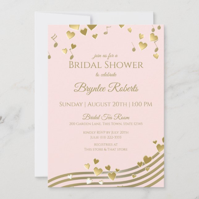 Invitation Fête de mariage avec des notes d'amour rose et or (Devant)