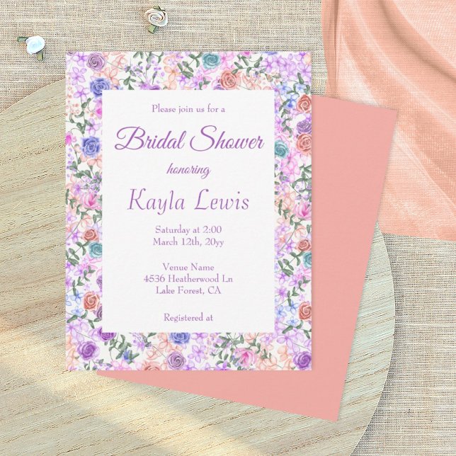 Invitation Fête de mariage avec des roses violettes, pêche et (purple wedding bridal shower invitation with lilac and peach rose border)