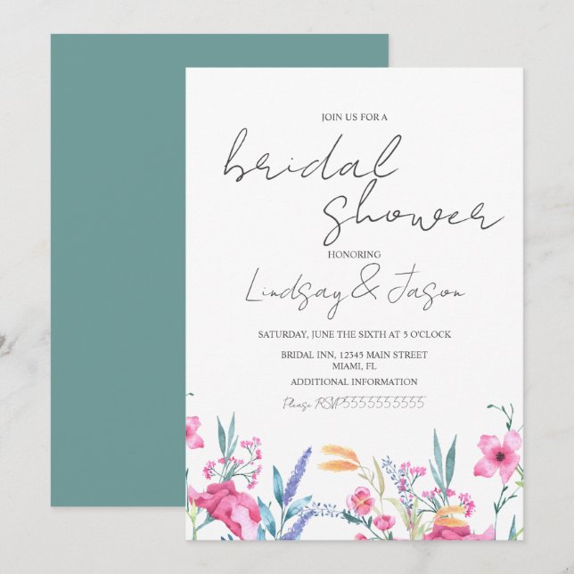 Invitation Fête de mariage avec écriture verte de fleurs sauv (Devant / Derrière)