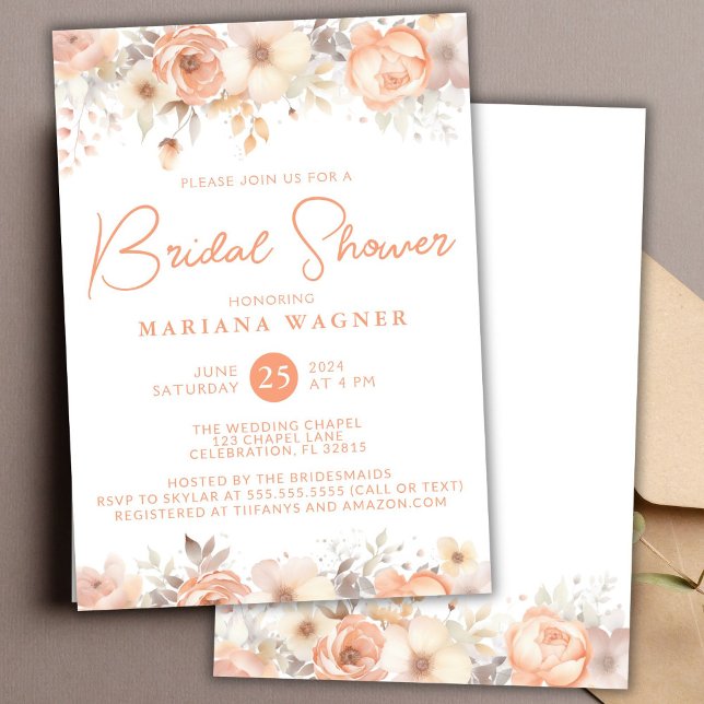 Invitation Fête de mariage avec fleurs beige pêche (Créateur téléchargé)