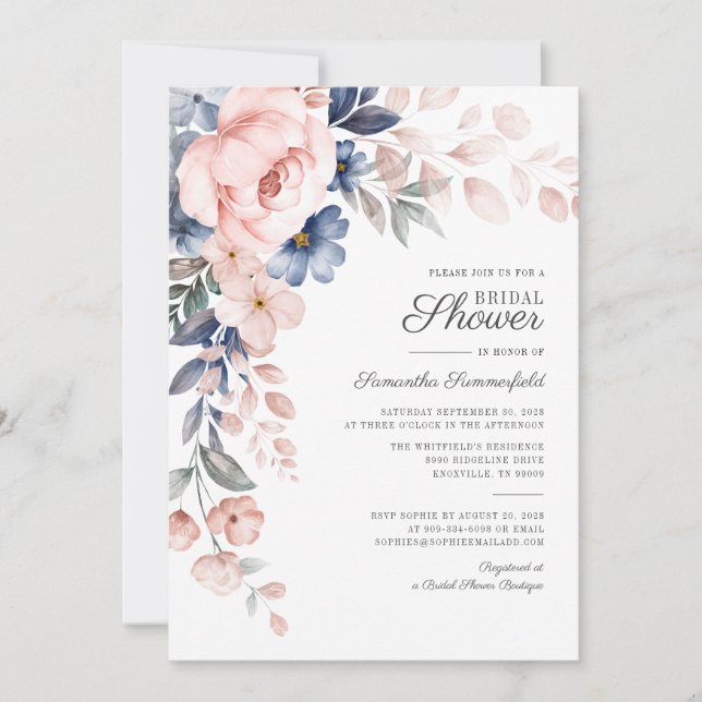 Invitation Fête de mariage avec fleurs roses aquarelle script (Devant)