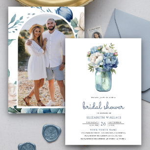 Invitation Fête de mariage avec jarres Mason fleuries bleu po