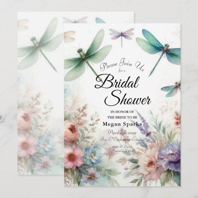 Invitation Fête de mariage avec libellules et florales pastel (Devant / Derrière)