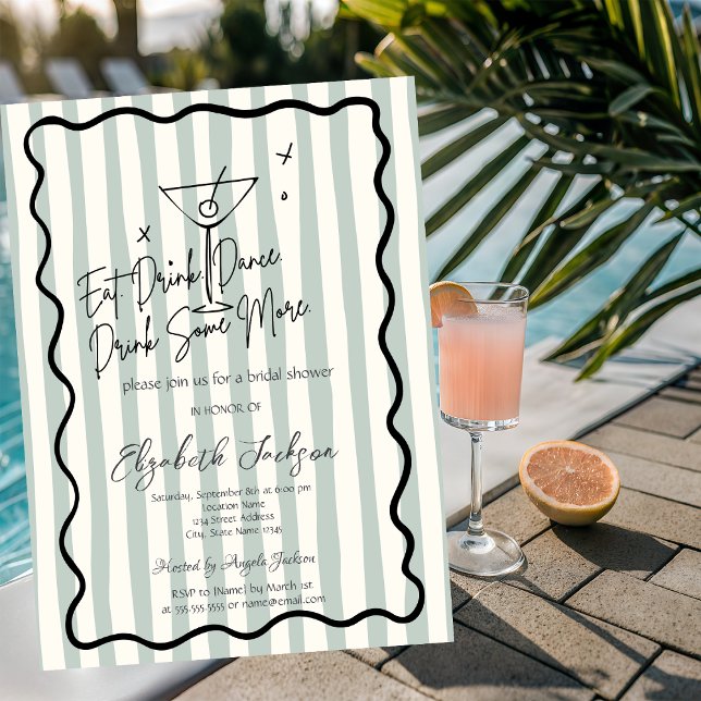 Invitation Fête de mariage avec martini vert rayé dessiné à l (Créateur téléchargé)
