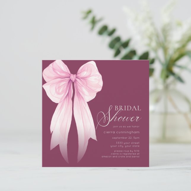 Invitation Fête de mariage avec nœud coquette rose (Debout devant)