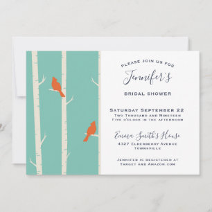 Invitation Fête de Mariage avec Oiseaux Orange sur Bouleau