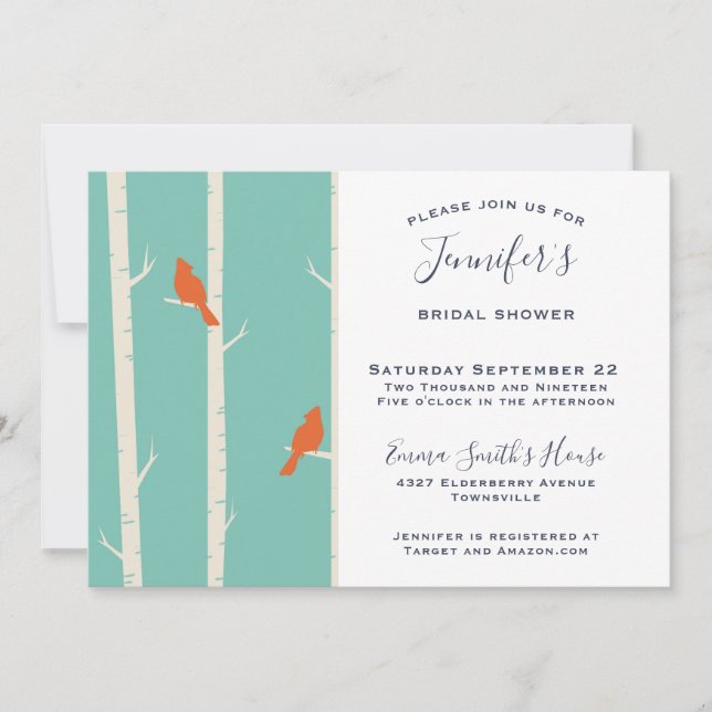 Invitation Fête de Mariage avec Oiseaux Orange sur Bouleau (Devant)