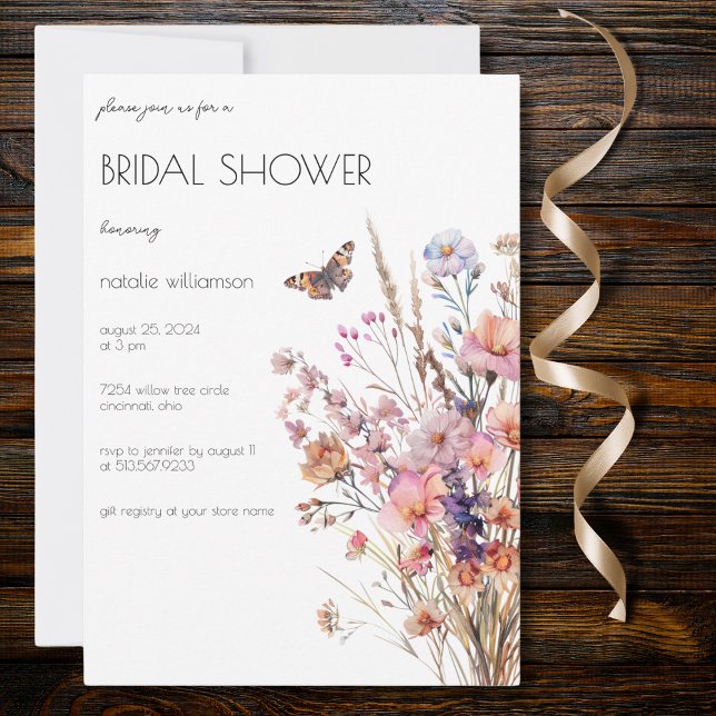 Invitation Fête de mariage avec papillon et fleurs sauvages (Créateur téléchargé)