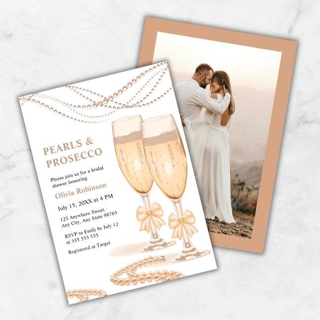 Invitation Fête de mariage avec photo Gold Bow Perles et Pros (Photo Gold Bow Pearls and Prosecco Bridal Shower Invitation )