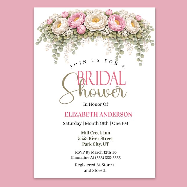 Invitation Fête de mariage avec pivoines roses et blanches (Elegant pink and ivory peony floral bridal shower invitation)