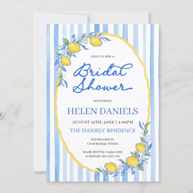 Invitation Fête de mariage avec rayures bleues et citrons (Devant)