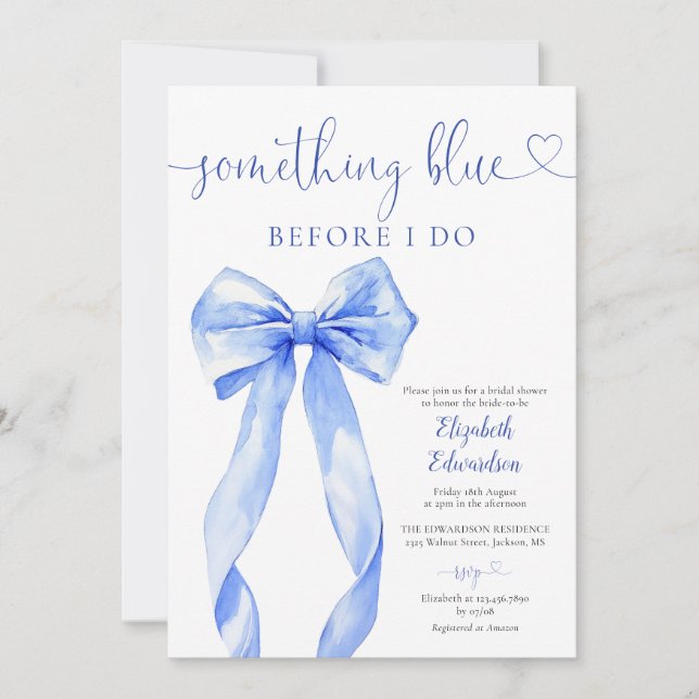 Invitation Fête de mariage avec un nœud bleu Something Blue (Devant)