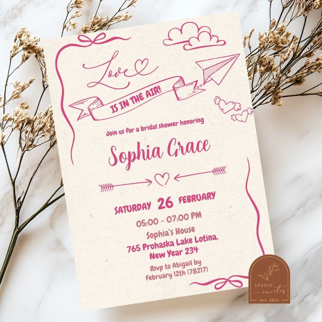 Invitation Fête de mariage avec un nœud rose et de l'amour da (Créateur téléchargé)