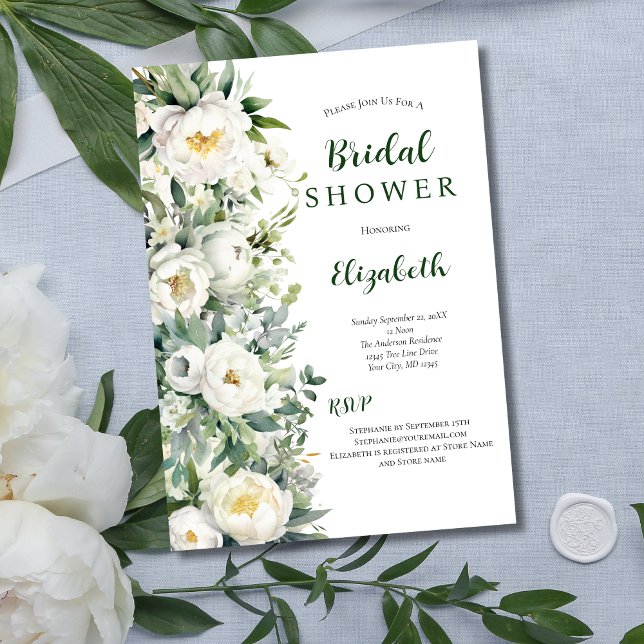 Invitation Fête de mariage avec verdure d'eucalyptus floral b (White Peony Floral Eucalyptus Greenery Bridal Shower Invitation)