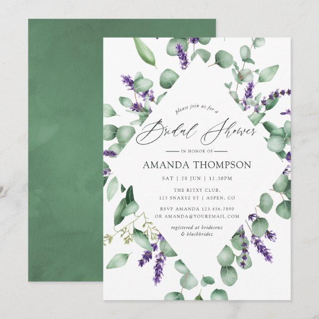 Invitation Fête de mariage avec verdure d'eucalyptus lavande (Devant / Derrière)