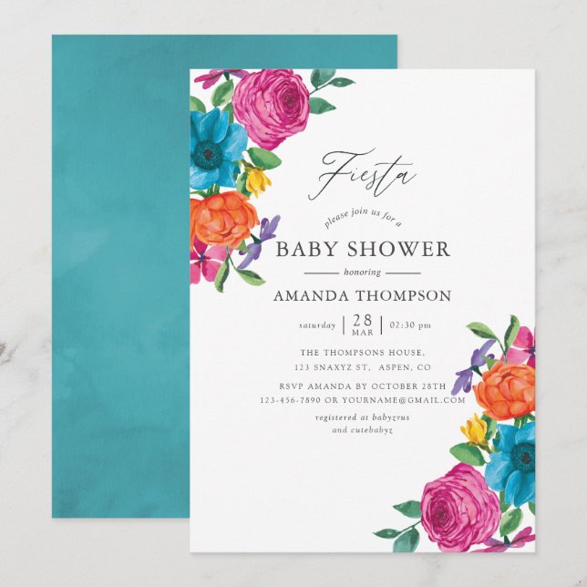 Invitation Fête de mariage bébé florale aquarelle Fiesta (Devant / Derrière)